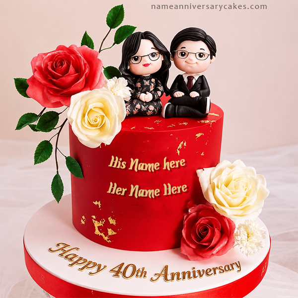 Red Velvet Roses 40th Anniversary Cake for couple With their names | Anniversary | for couples | Name Anniversary Cake