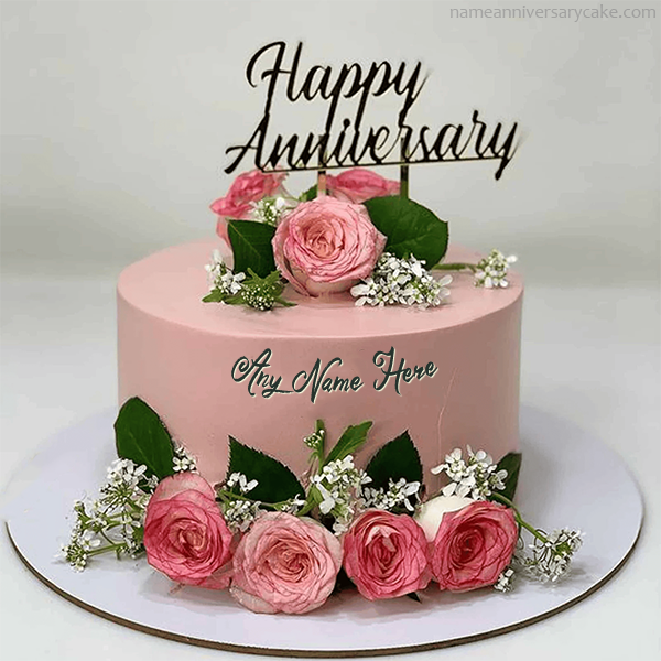 Create Personalized Happy Anniversary Pink Theme Flowers Cake With Name | Anniversary | happy | Name Anniversary Cake with Name & Photo | Free Online Anniversary Cakes Anniversary Cake With Name Maker | nameanniversarycake