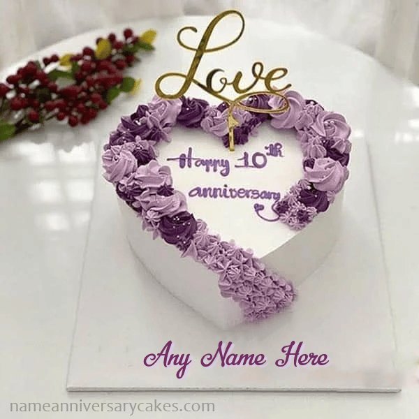 10th Anniversary purple frosting heart cake with name | Anniversary | Romantic | Name Anniversary Cake