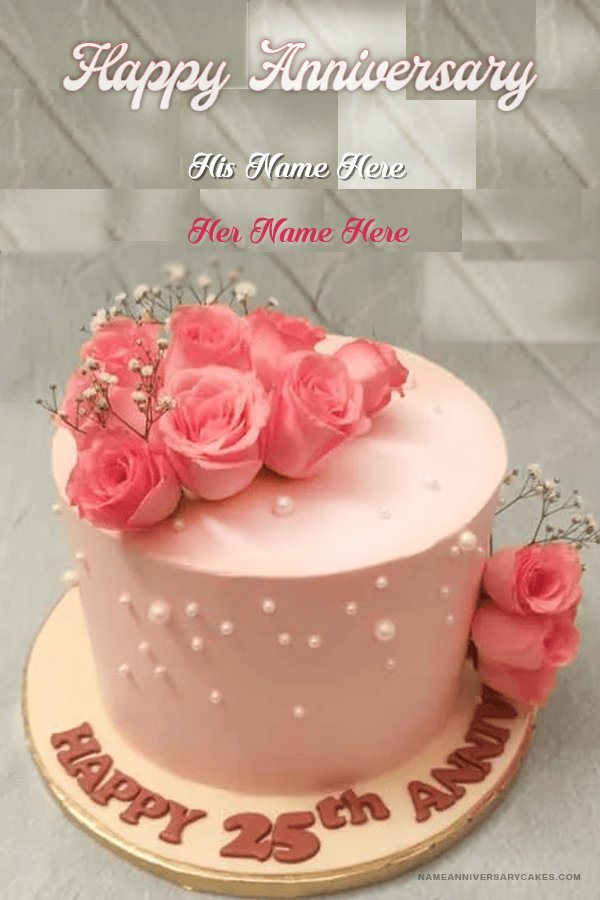 25th Anniversary pink roses cake for couple with their names | whats new | Anniversary | Name Anniversary Cake